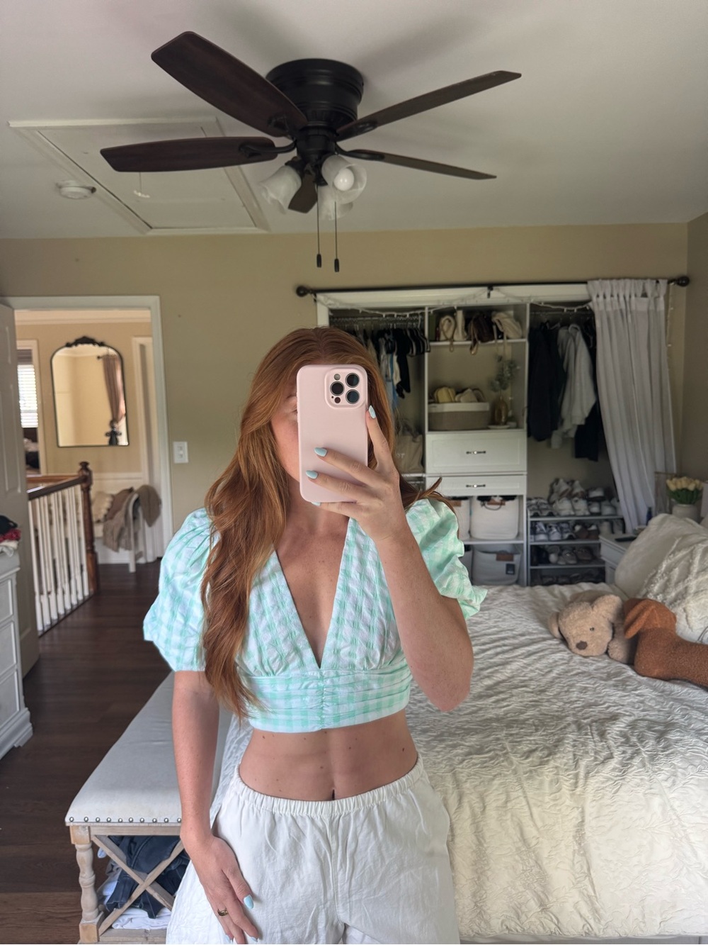 Light Green Puff-Sleeve V-Neck Crop Top